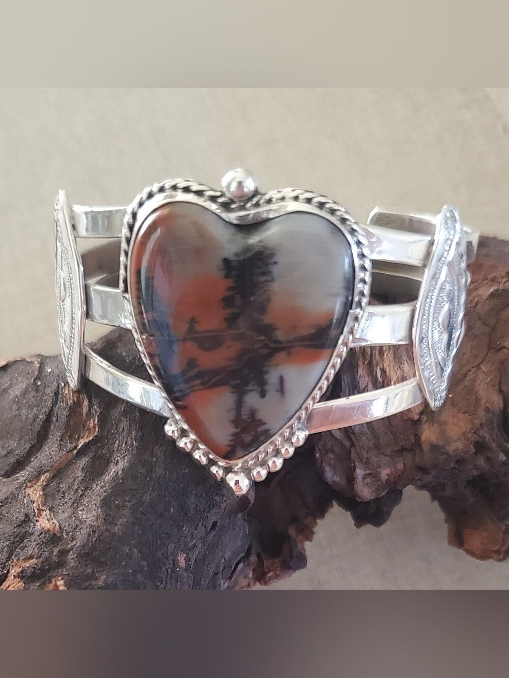 Heart-Shaped Dendritic Agate Sterling Silver Cuff Bracelet - Rust Gray Black